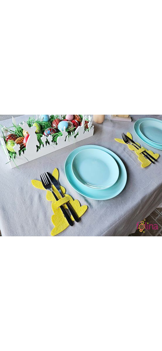 Suport decorativ pentru tacâmuri, iepuraşi din pâslă galbenă, set 4 bucăţi
