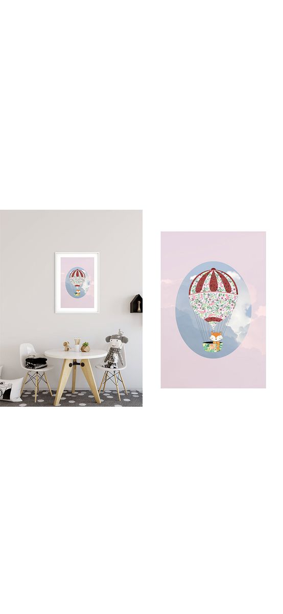 Tablou cameră copii, Komar Happy Balloon Pink, în ramă din lemn alb şi protecţie din plexiglass, 30x40 cm