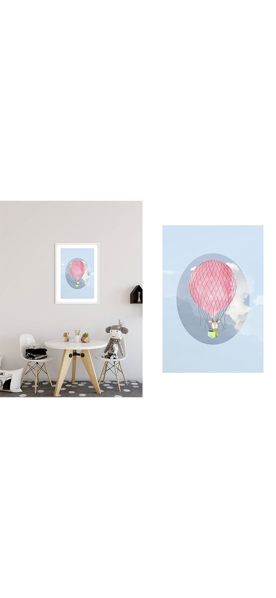 Tablou cameră copii, Komar Happy Balloon Blue, în ramă din lemn alb şi protecţie din plexiglass, 30x40 cm