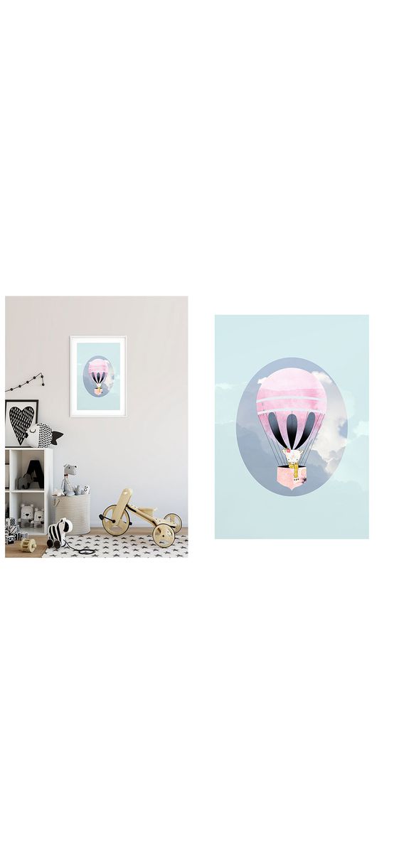 Tablou cameră copii, Komar Happy Balloon Green, în ramă din lemn alb şi protecţie din plexiglass, 30x40 cm