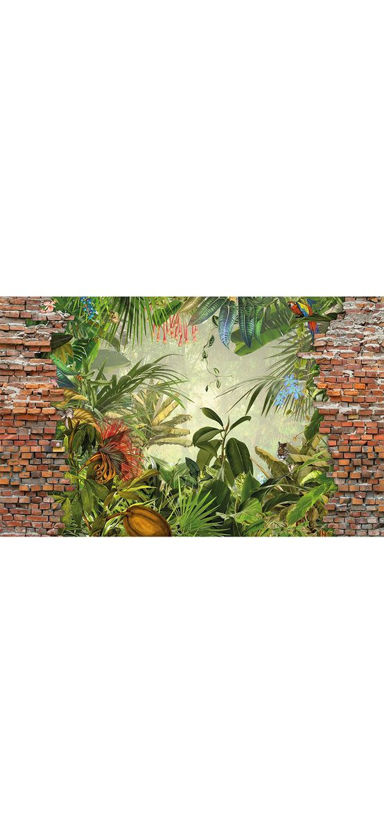 Fototapet 3D peisaj junglă, Komar Jungle View Bricklane – Decor exotic cu vegetație luxuriantă și efect de perete din cărămidă, 400x250 cm