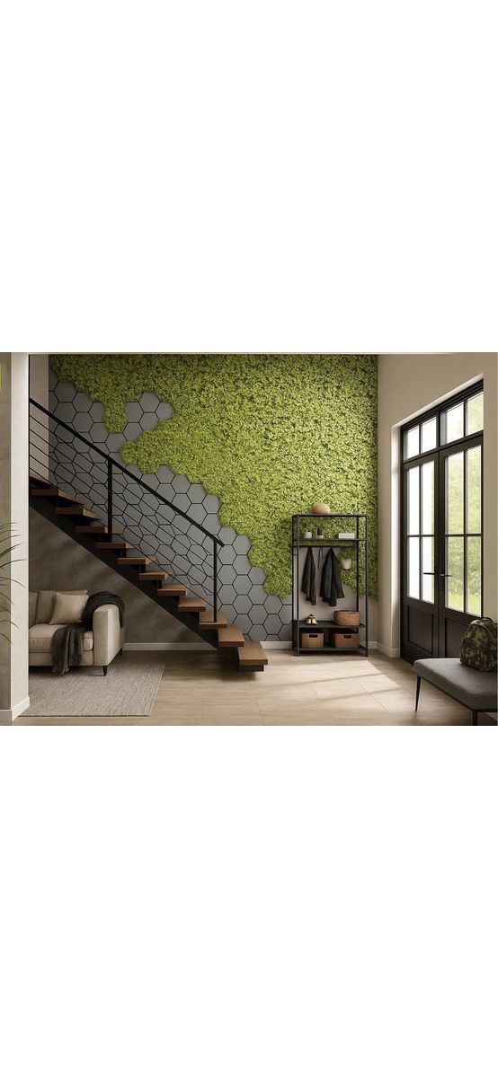 Fototapet 3D Green Vertical Garden, hexagoane gri si plante verzi, 400x260 cm