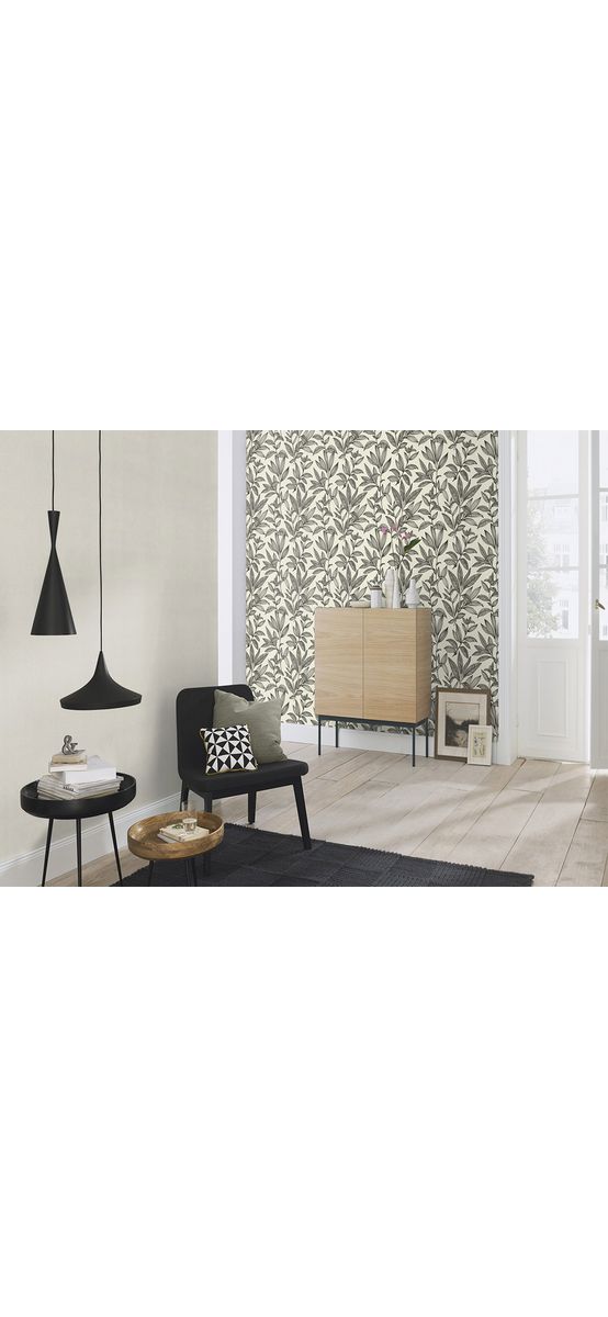 Tapet alb cu frunze negre, Rasch 466409