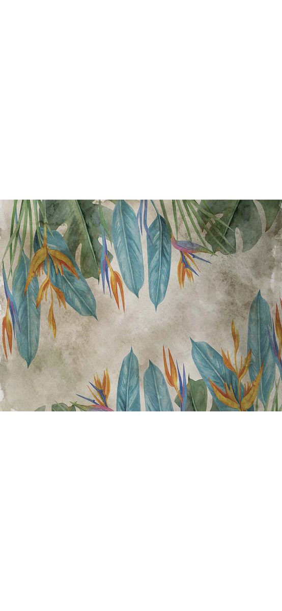 Tapet baie Tropical Leaves, gri cu frunze colorate, pentru decor tropical, material Brush cu Water System rezistent la apă