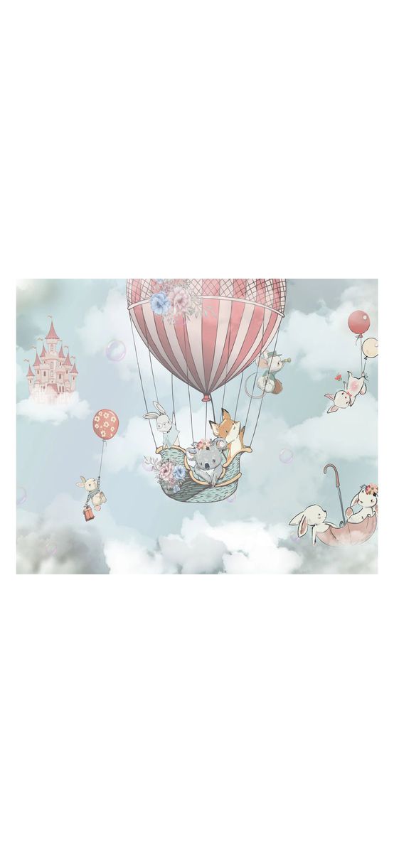Fototapet copii balon în zbor cu animale și castel roz – decor de basm, vlies, dimensiuni personalizabile