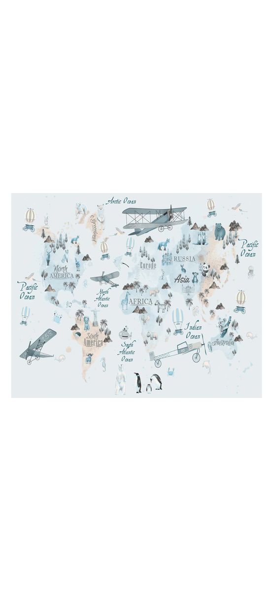 Fototapet copii harta lumii pastel cu animale și continente – educativ, calm și modern, material vlies, dimensiuni personalizabile