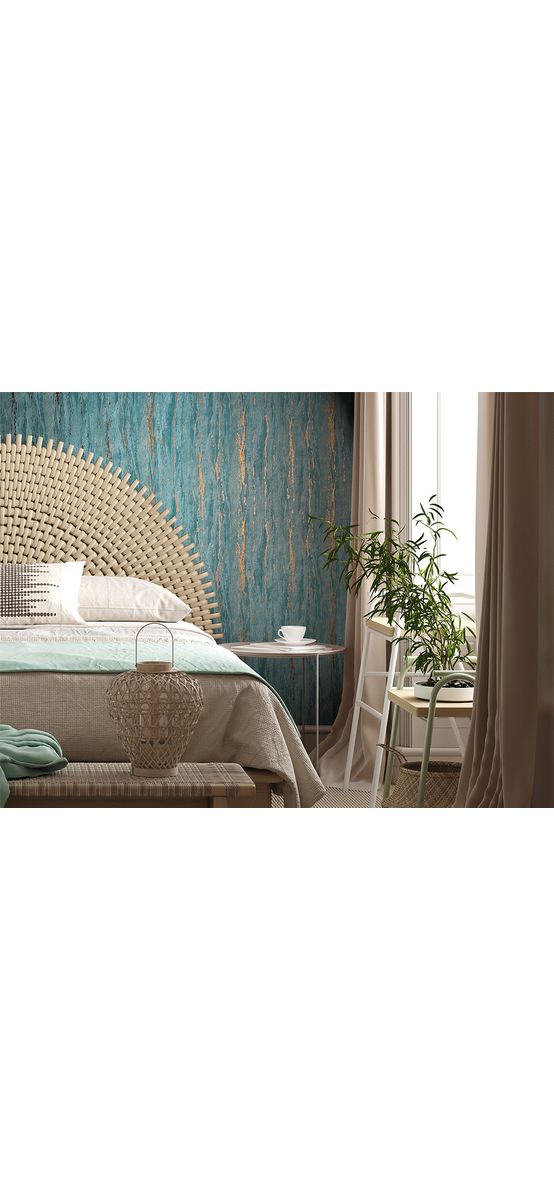 Tapet imitaţie decorativă turcoaz cu detalii aurii, Marburg City Romance 35167, 0.53x10 metri