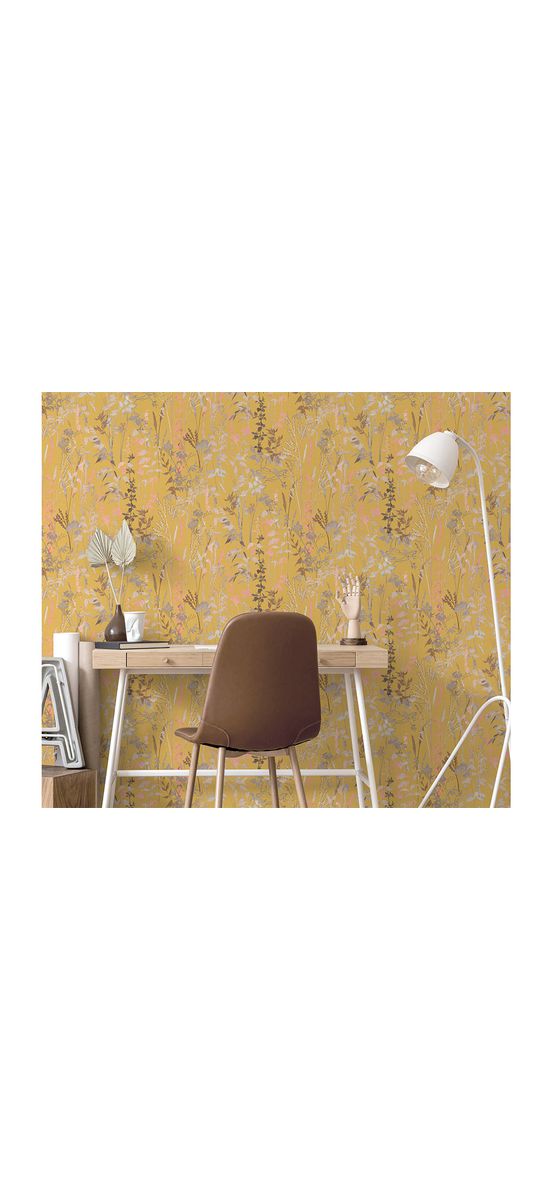 Tapet galben muştar cu imprimeu floral, Erismann Casual Chic 1025803
