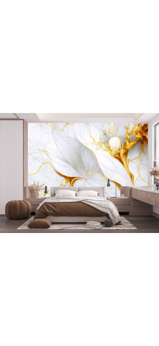 Fototapet cu model abstract Swirls of Liquid Marble, imitaţie marmură gri cu detalii bej aurii, 416x290cm