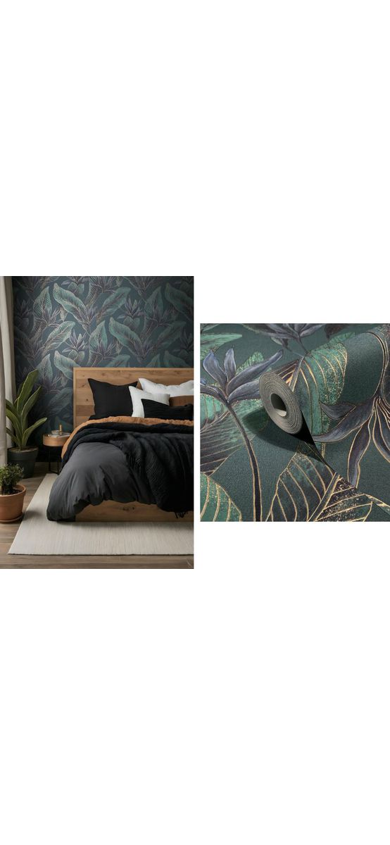 Tapet premium Marburg Whisper 36466 - decor perete accent verde cu frunze tropicale cu detalii aurii