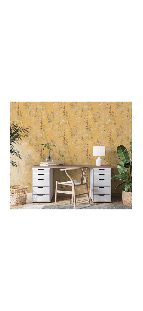 Tapet galben muştar cu imprimeu floral, Erismann Casual Chic 1025803