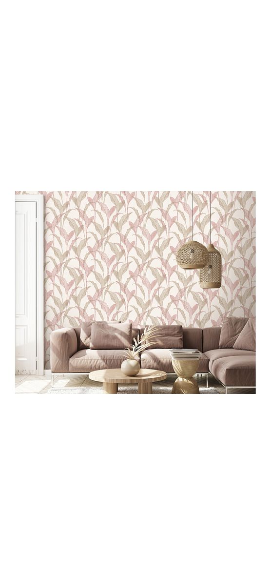 Tapet ivoire cu frunze bej şi roz, cu sclipici argintiu, Erismann Elle decoration, 1020705