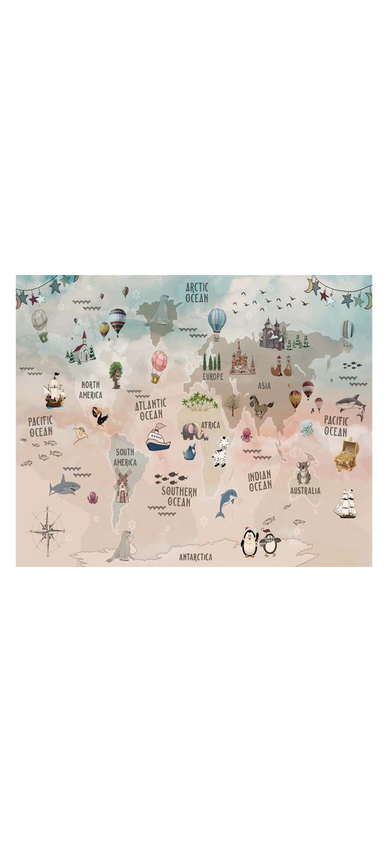 Fototapet copii harta lumii cu animale și oceane – model educativ și decorativ, material vlies, dimensiuni personalizabile