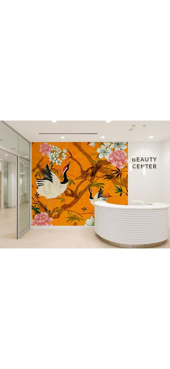 Fototapet vlies Marburg Falina – model chinoiserie portocaliu cu păsări și flori - 265x270 cm