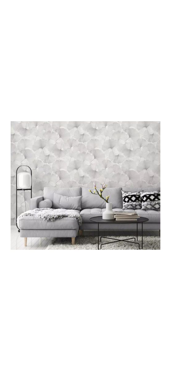 Tapet dormitor, Erismann Elysium 1047031, alb cu frunze gri deschis, aspect sidefat, vlies, rolă de 0.53x10 metri