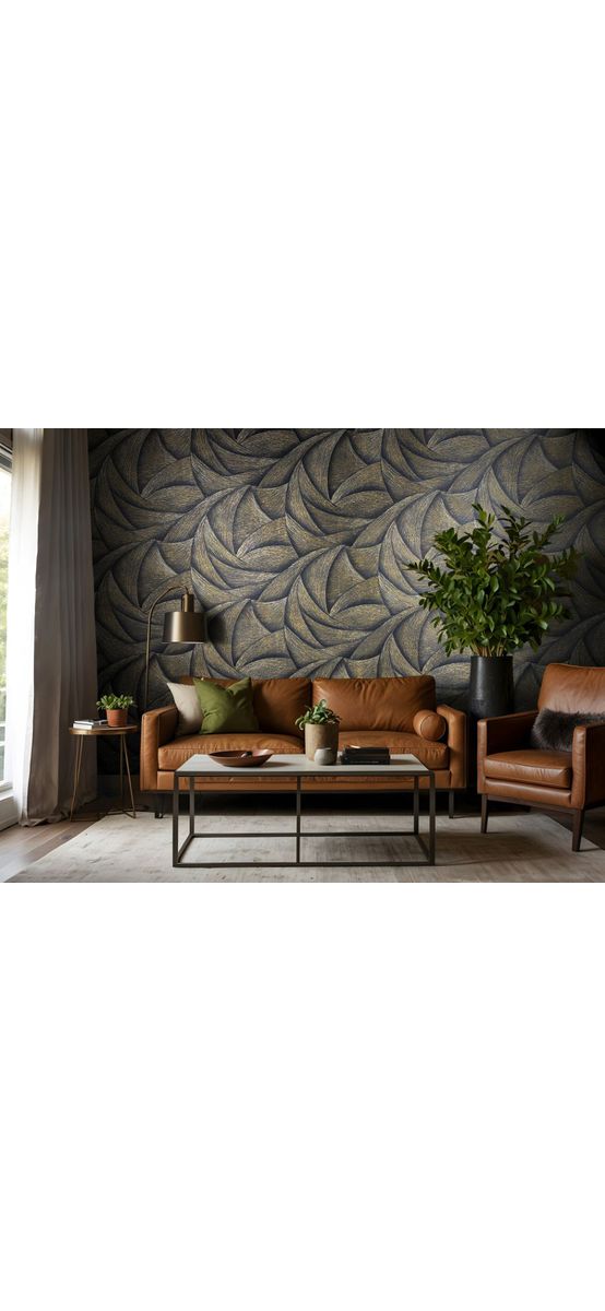 Tapet imitație decorativă neagră cu detalii geometrice aurii, Marburg Ritus 35506, textură în relief, vlies, rolă de 0.53x10 metri