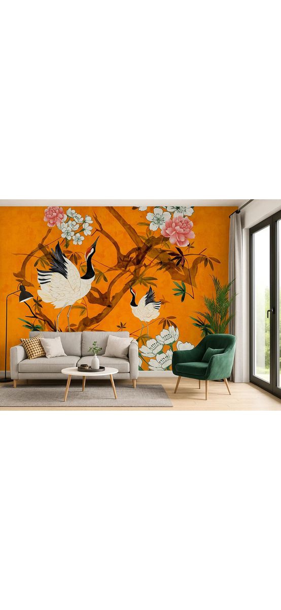 Fototapet vlies Marburg Falina – model chinoiserie portocaliu cu păsări și flori - 265x270 cm