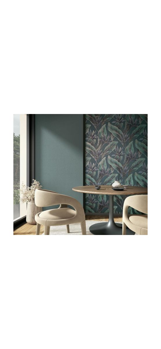 Tapet premium Marburg Whisper 36466 - decor perete accent verde cu frunze tropicale cu detalii aurii