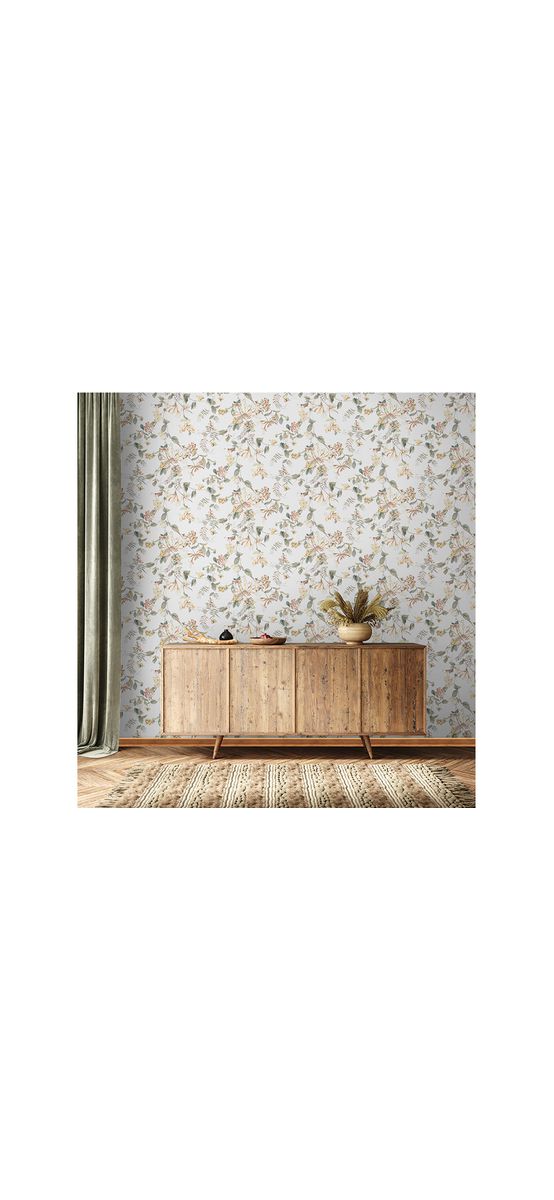 Tapet alb cu model floral verde pastel, Marburg Kyoto 47455, vlies, rolă de 5 mp