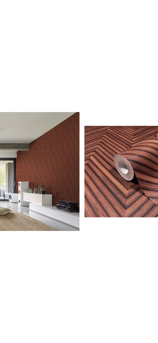 Tapet chevron textură lemn maro roşcat, Marburg Travertino 33379, vlies extralavabil