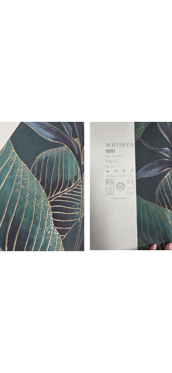 Tapet premium Marburg Whisper 36466 - decor perete accent verde cu frunze tropicale cu detalii aurii