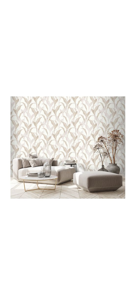 Tapet ivoire cu frunze bej şi gri, cu sclipici argintiu, Erismann Elle decoration, 1020702