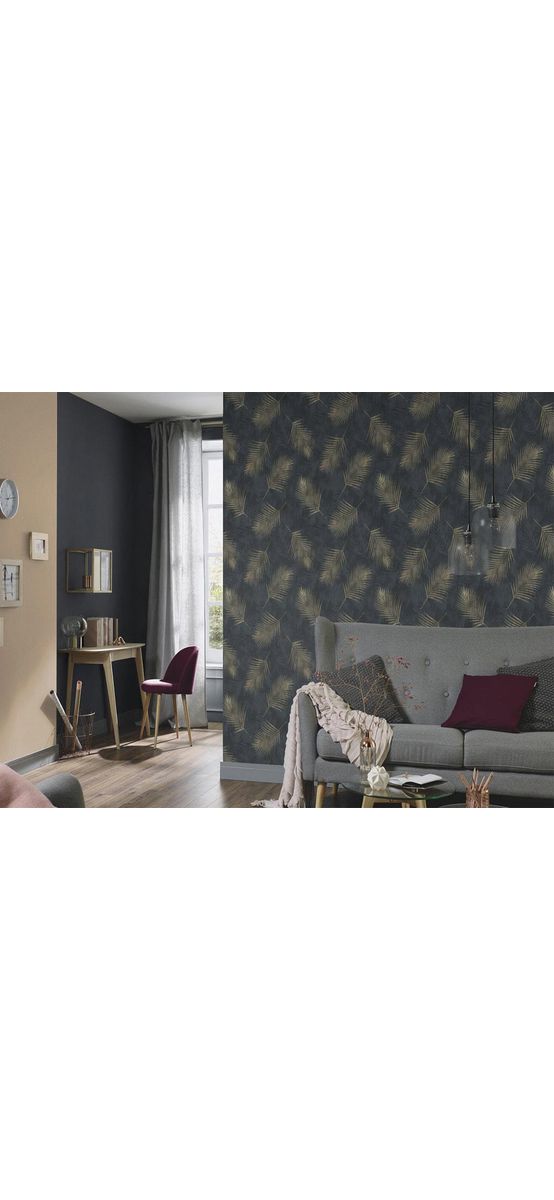 Tapet modern negru, Erismann, model frunze aurii, GMK 0257940