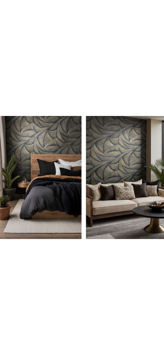 Tapet imitație decorativă neagră cu detalii geometrice aurii, Marburg Ritus 35506, textură în relief, vlies, rolă de 0.53x10 metri