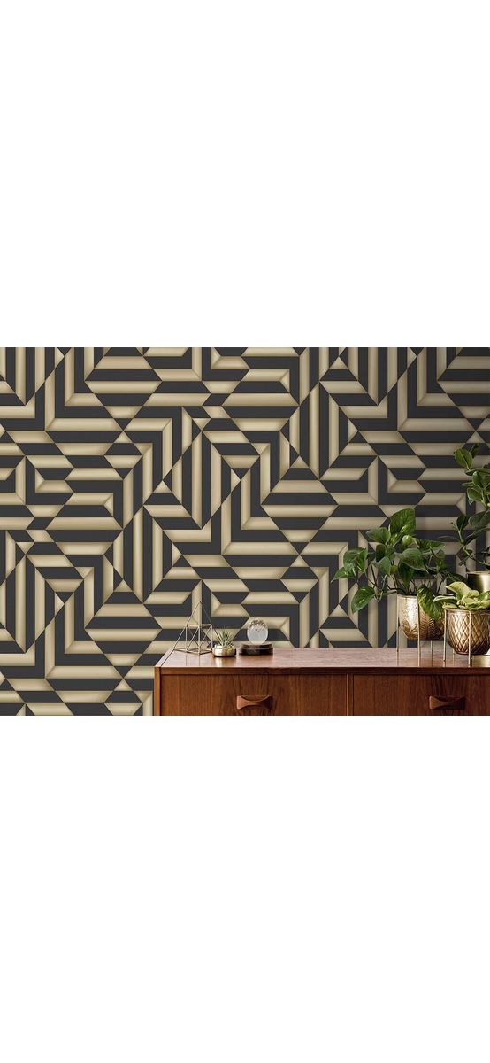Tapet modern negru, Ugepa, model geometric cu efect metalic auriu, Galactik L85809