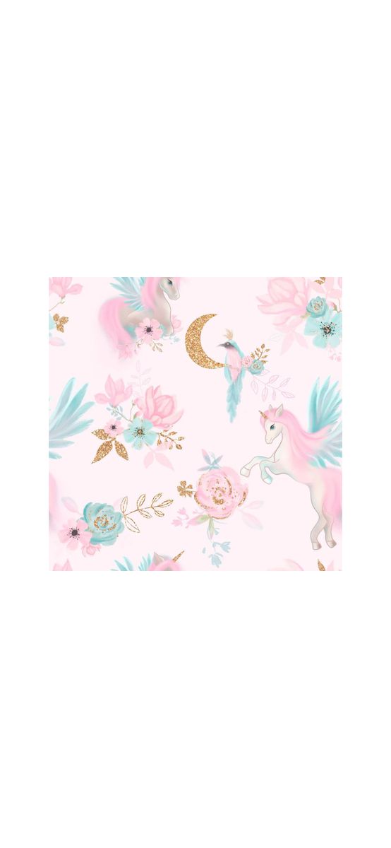Fototapet cu unicorni roz, flori pastel și accente aurii – decor magic pentru camera fetițelor, vlies, dimensiuni personalizabile