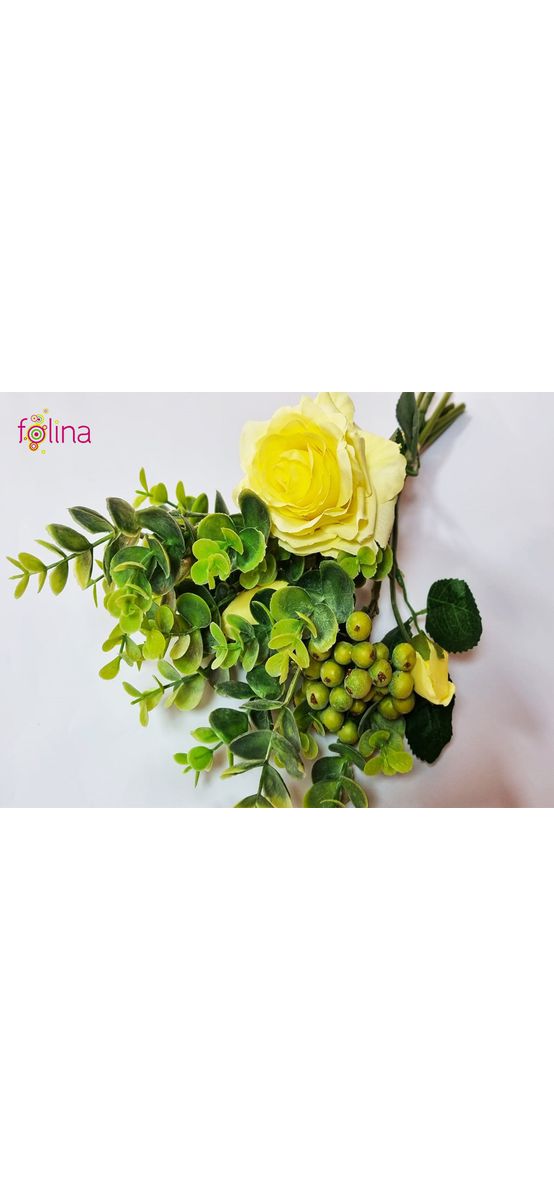 Buchet flori artificiale cu trandafiri galbeni şi plante eucalipt, 38 cm înălţime