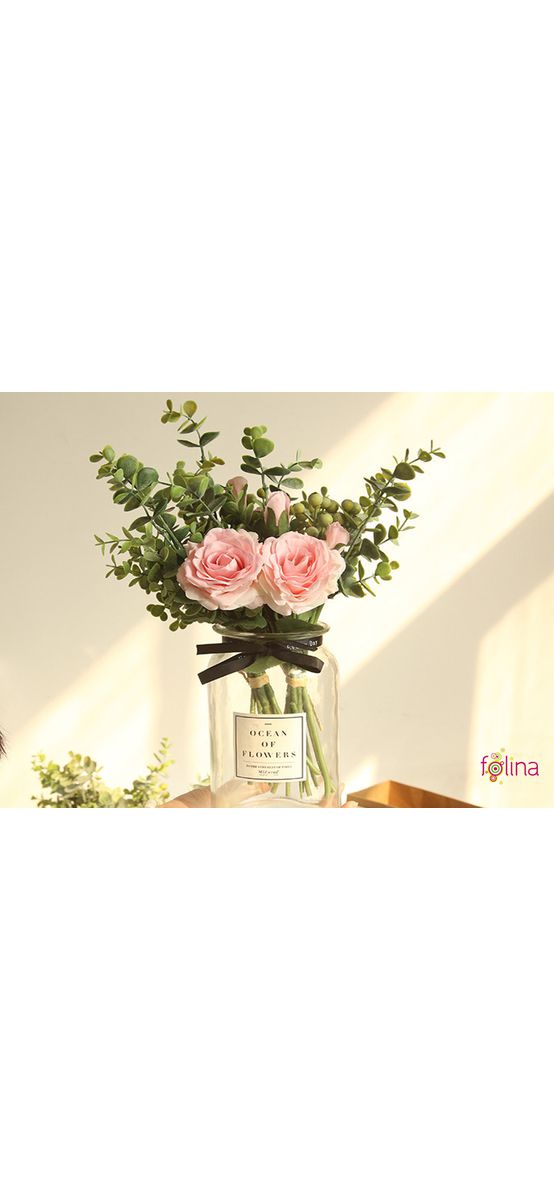 Buchet flori artificiale cu trandafiri roz şi plante eucalipt, 38 cm înălţime
