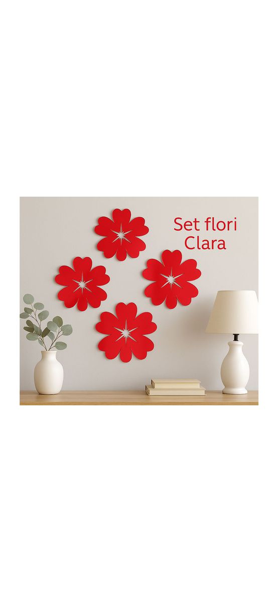 Set 5 flori Clara – Decorațiuni din oglindă acrilică roșie, 15 cm, grosime 3 mm