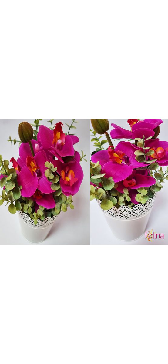 Orhidee artificială roz magenta, aranjament în vas metalic alb, 30 cm înălţime