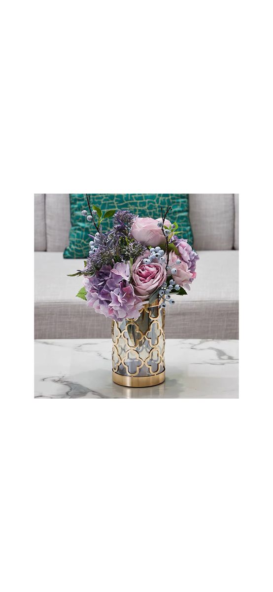 Vază decorativă din sticlă cu suport metalic auriu, pentru flori sau lumânări, 20 cm înălţime