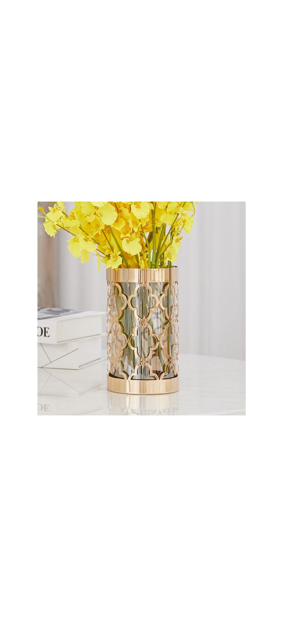 Vază decorativă din sticlă cu suport metalic auriu, pentru flori sau lumânări, 26 cm înălţime