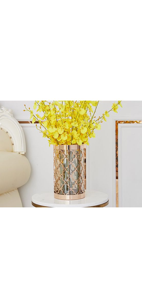 Vază decorativă din sticlă cu suport metalic auriu, pentru flori sau lumânări, 20 cm înălţime