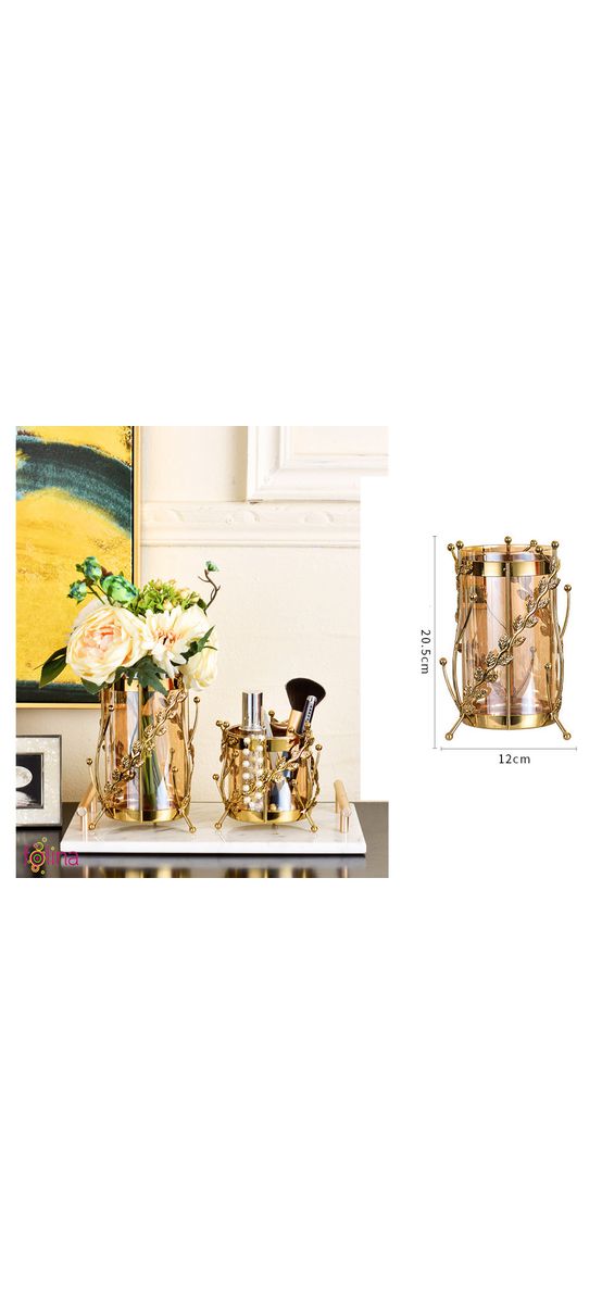 Vază decorativă din sticlă cu suport metalic auriu, Flower Vine, 21 cm înălţime