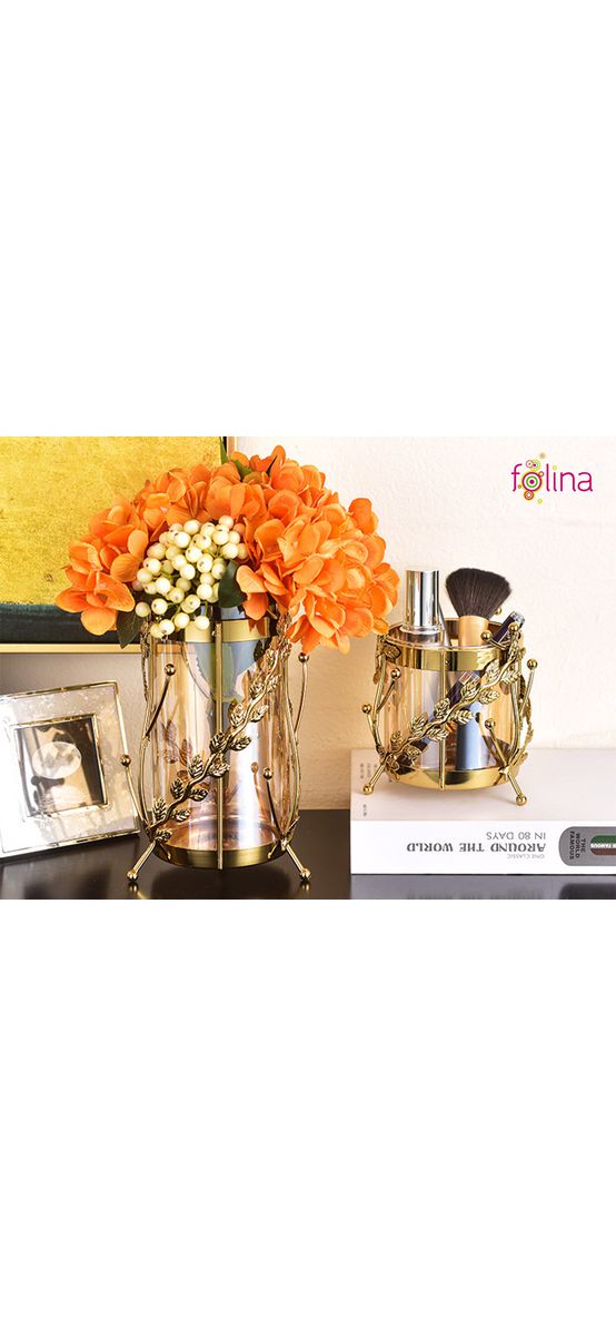 Vază decorativă din sticlă cu suport metalic auriu, Flower Vine, 21 cm înălţime