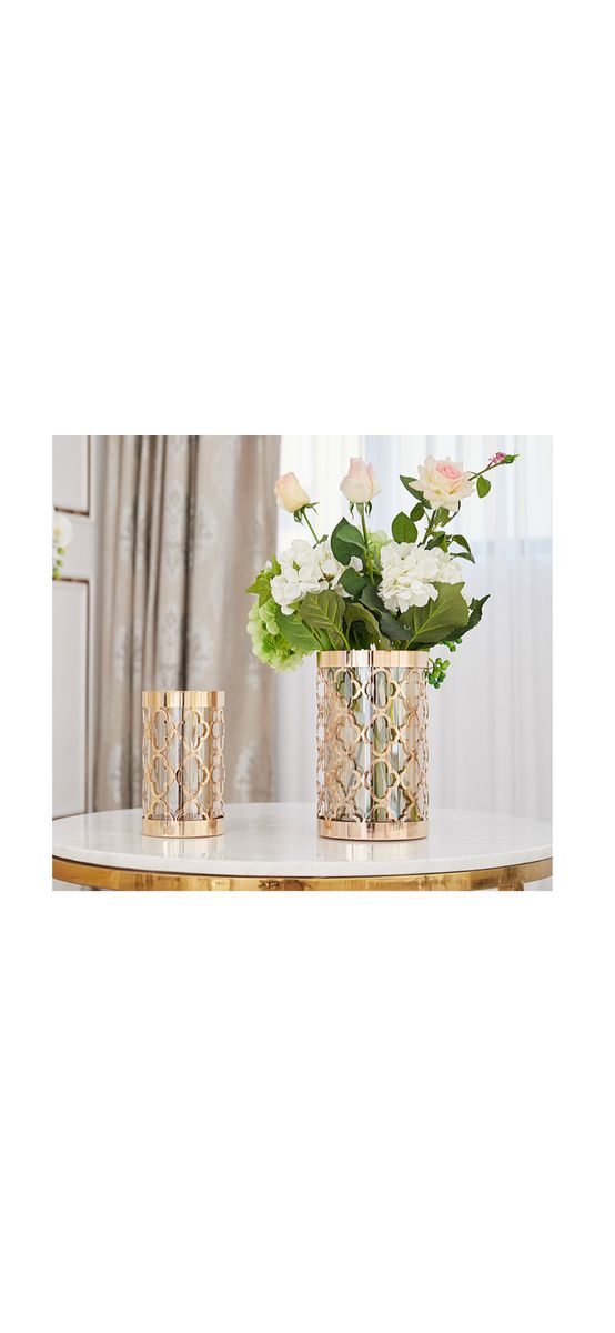 Vază decorativă din sticlă cu suport metalic auriu, pentru flori sau lumânări, 26 cm înălţime