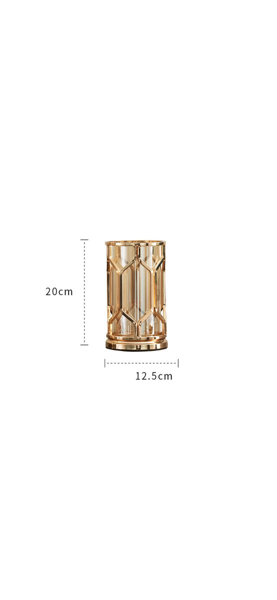 Vază decorativă din sticlă cu suport metalic auriu, Grid Iron, pentru flori sau lumânări, 20 cm înălţime