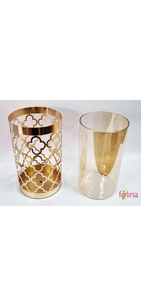 Vază decorativă din sticlă cu suport metalic auriu, pentru flori sau lumânări, 26 cm înălţime