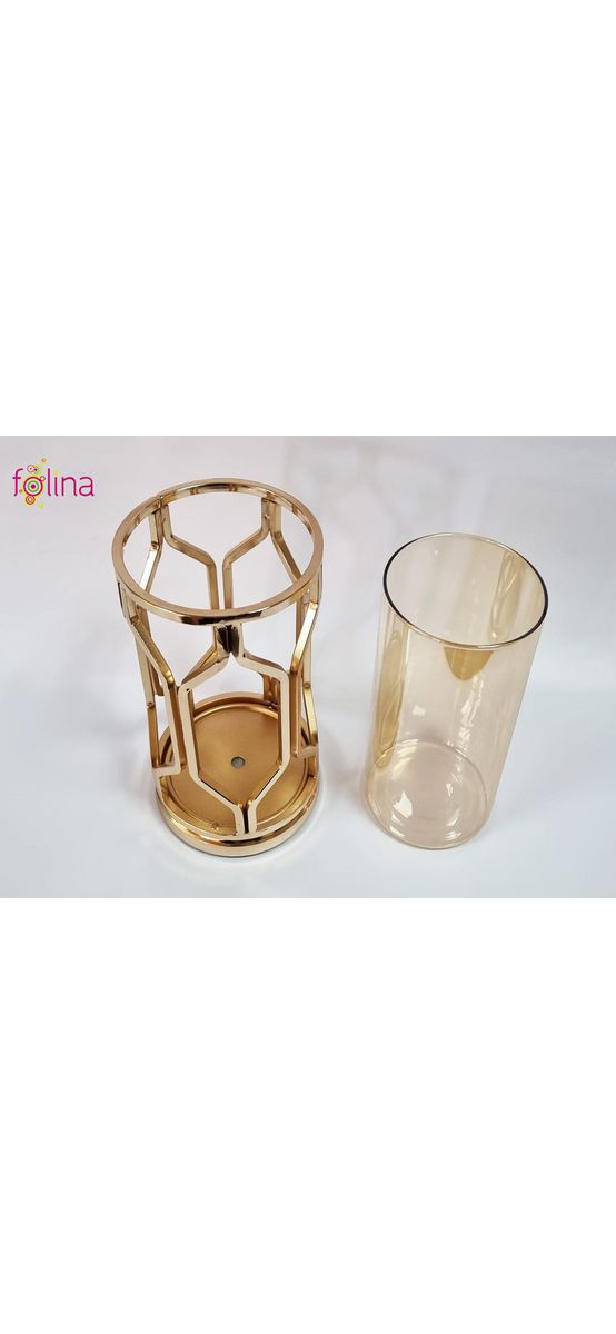 Vază decorativă din sticlă cu suport metalic auriu, Grid Iron, pentru flori sau lumânări, 20 cm înălţime