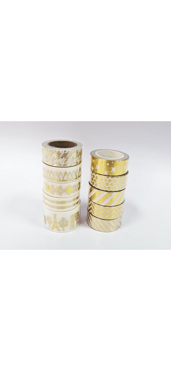 Set 10 role Washi Tape, benzi adezive decorative cu modele auriu metalic