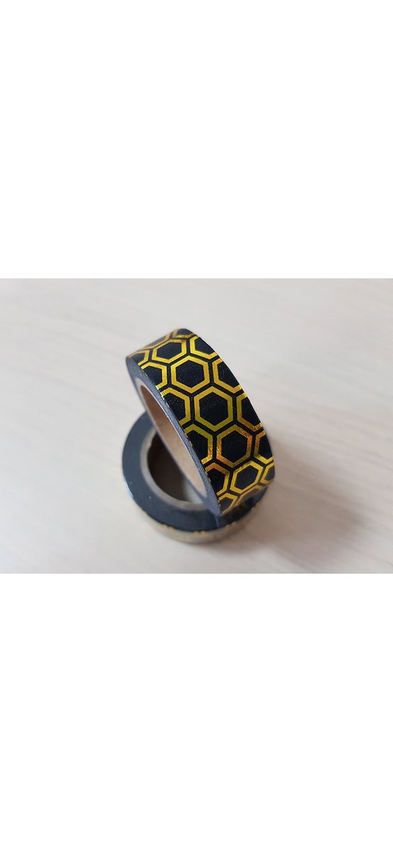 Bandă adezivă Washi Tape Gold Honeycombs, Folina, neagră cu hexagoane aurii 1.5 cm  x 10 m