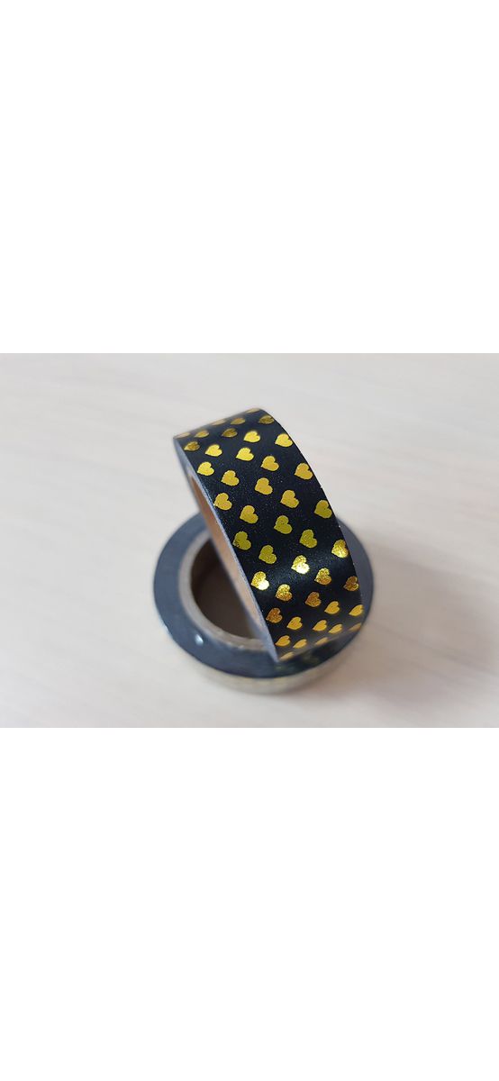 Set 3 role washi tape, bandă adezivă neagră cu inimioare aurii, 15 mm x 10 m